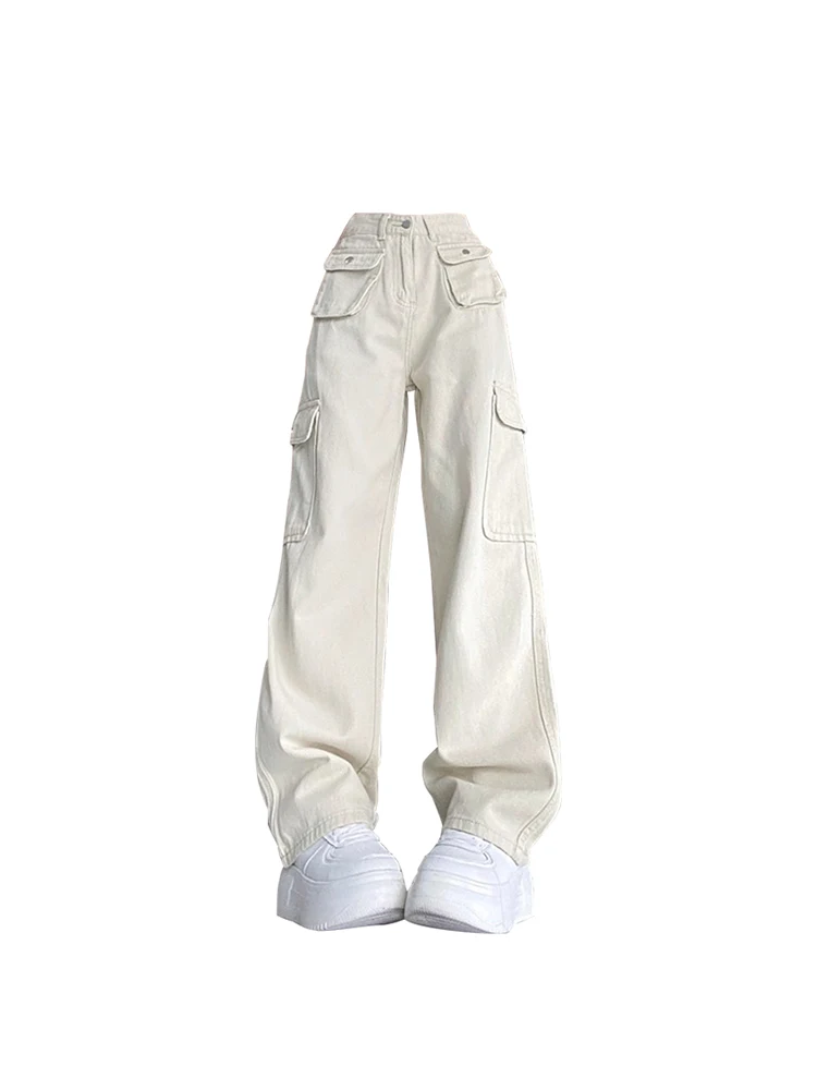 

Женские винтажные мешковатые джинсы-карго, абрикосового цвета, джинсы с высокой талией, модная повседневная Уличная одежда, свободные прямые широкие брюки, брюки, Y2k, 2023