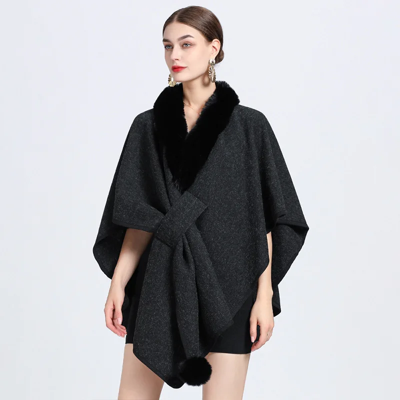

ZJZLL Autumn Cape New Poncho Flocking Faux Fur Coat Winter Europe and America Large Size Loose Shawl Fashion Lacing Coats Women