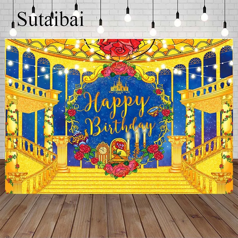 

Happy Birthday Backdrop for Girls Beauty Princess Palace Background Beast Tee Party Decorations Be Our Guest Banner Photography