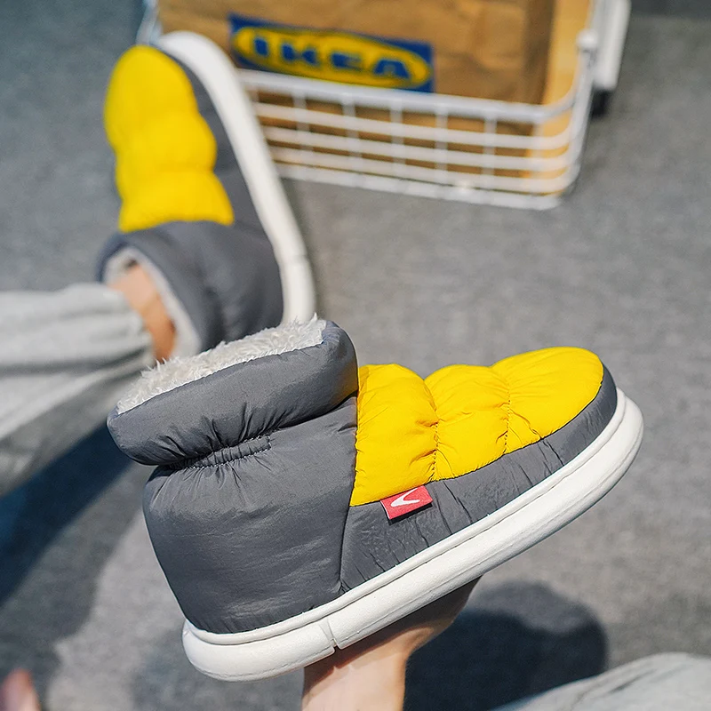 

Новинка 2022, зимние теплые домашние водонепроницаемые тапочки из хлопка для пар, плюшевые мужские слипоны, желтая обувь для снега