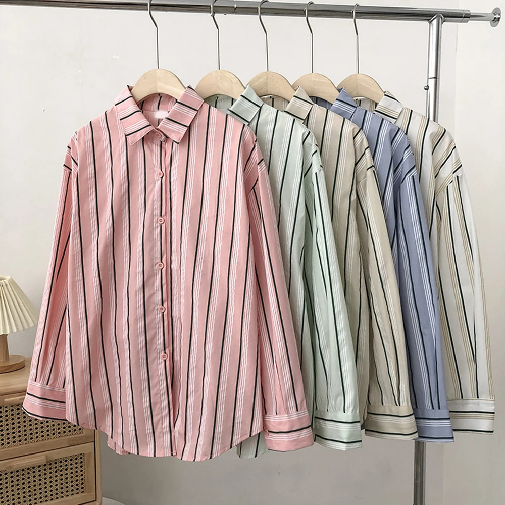 

Spring Loose Shirts Women Retro Striped Teenagers Basic Soft Trendy All-match Ulzzang Leisure Autumn Outwear Females Popular