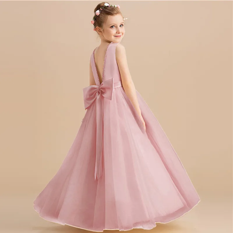 

Big Girl Princess Dress Bridesmaid Bow Pageant For Wedding Children Tulle Prom Gown Kids Birthday Party First Communion Vestido