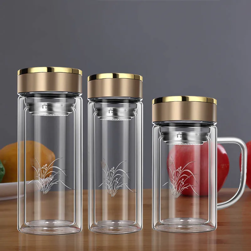 

350ML/450Ml Water Bottle Glass Double Wall Borosilicate Glass Tea Bottle With Infuser Filter Handle Double Layer Office Tea Cup