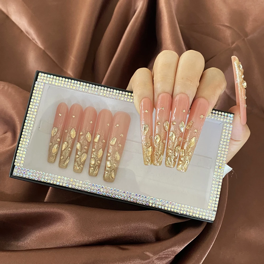 Экстра длинные 3D изысканные сверкающие конффины квадратные ногти 10 шт. Роскошные