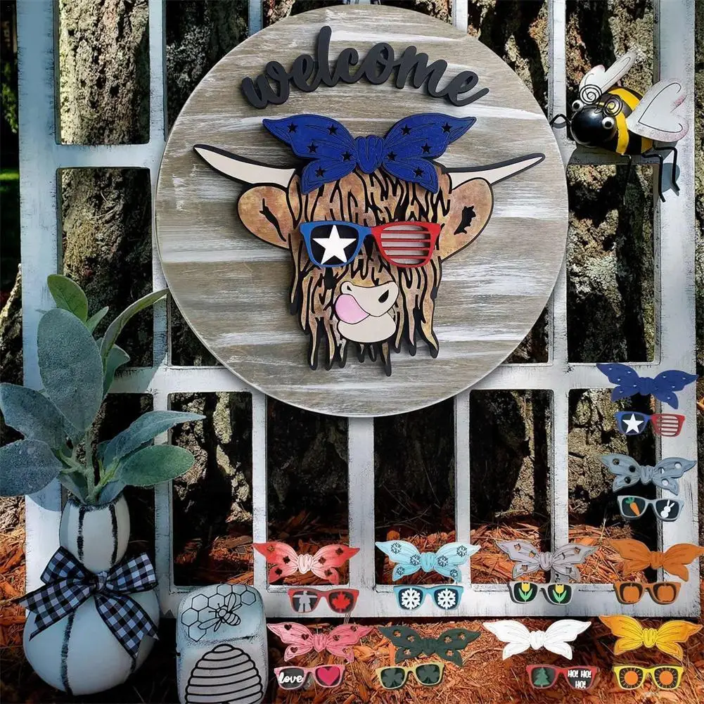 

Interchangeable All Seasons Welcome Sign- Round Rustic Farmhouse Front Cow Door Hanger For Christmas Party Home Porch Decor V2T1