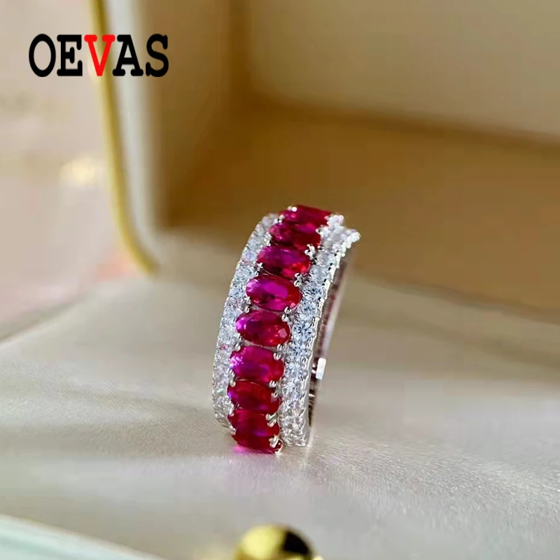 

OEVAS 100% 925 Sterling Silver Sparkling Ruby Row White Gold Inlaid Rings High Carbon Diamond Wedding For Women Fine Jewery