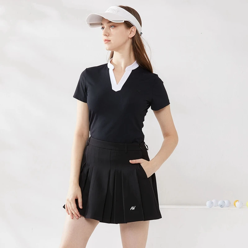 Azureway Golf Ladies V-neck Shirt Summer Short Sleeve T-shirt Golf Polo Shirt Breathable Sportswear Ladies Pleated Skirts