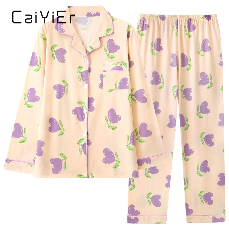 

CAIYIER 2023 Cute Tulip Print Women Nightwear New Autumn Winter Leisure Pajamas Set Girls Soft Sleepwear Suit Cardigan Homewear