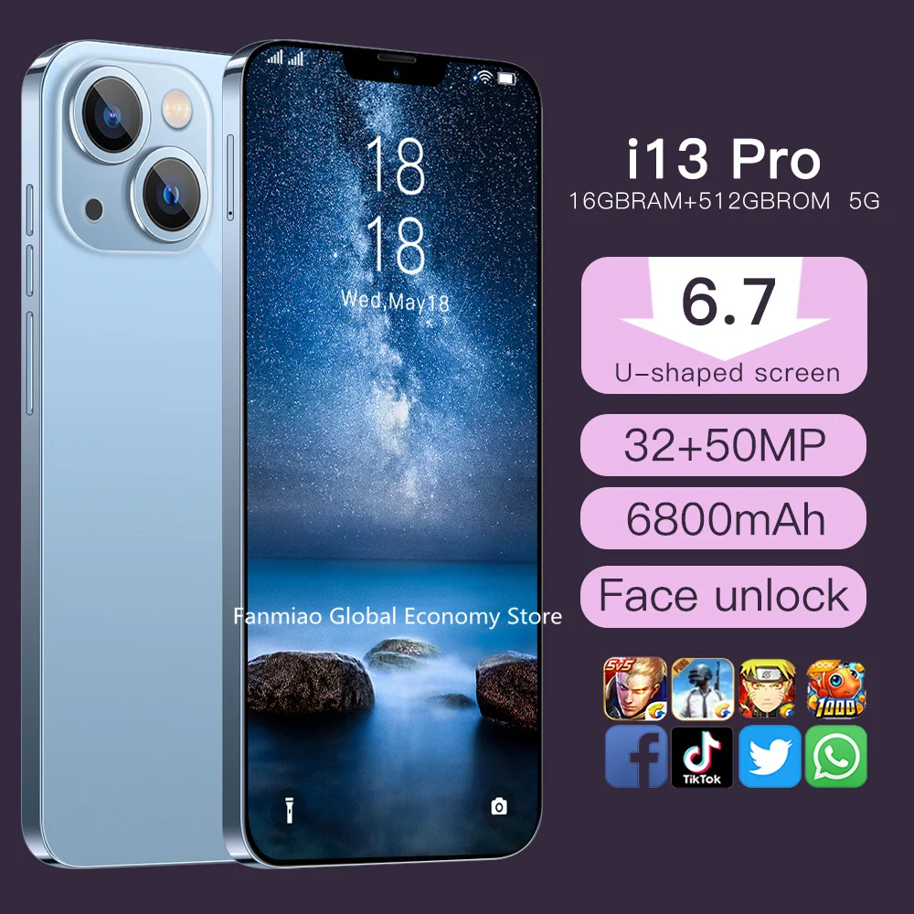 

Глобальная версия IP13 Pro 12GB 512GB Deca 6800mah 6,7 Inch HDAndroid большой экран I13 мобильный телефон