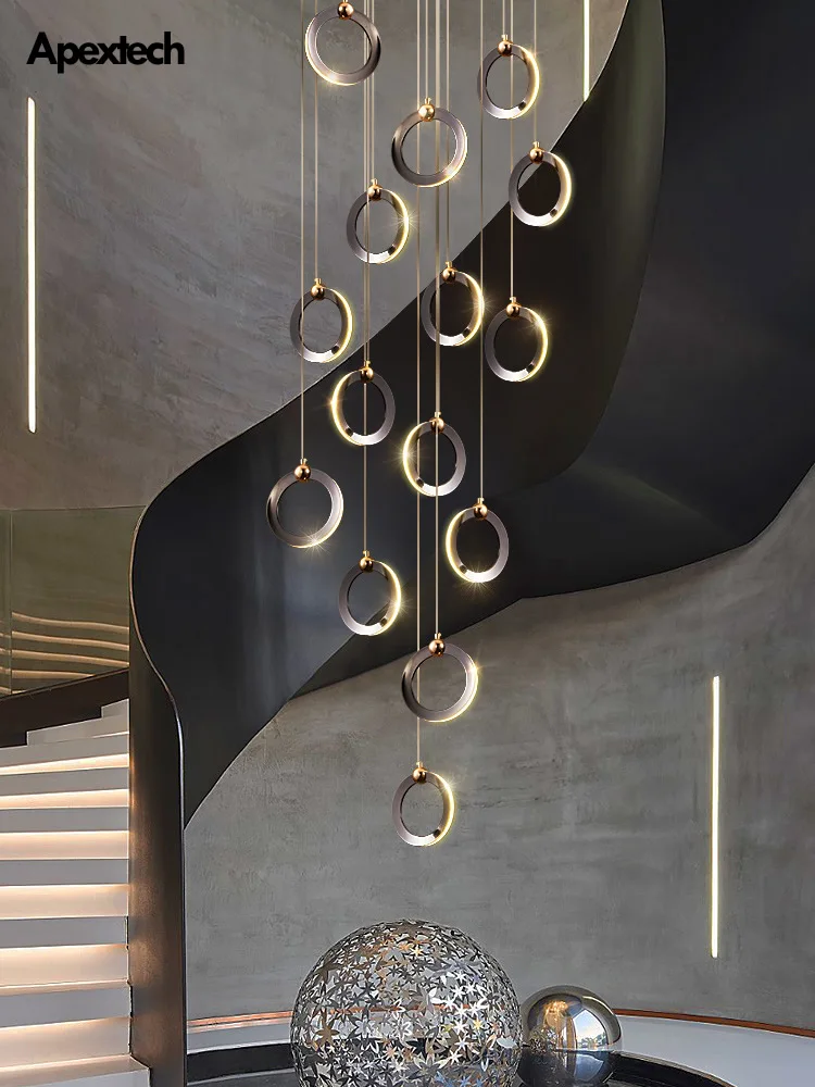 

Spiral Staircase Chandelier Long cable Ring Lights Chrome Plated LED Stair Well Hanging Lamp Duplex Ceiling Chandelier Lighting