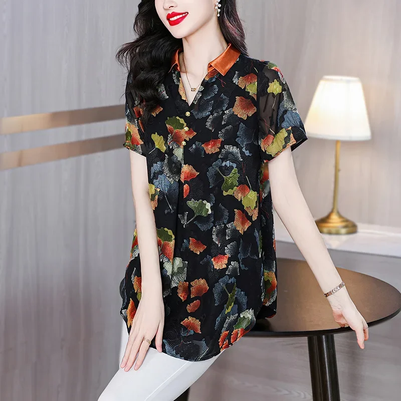 Элегантная шифоновая блузка с принтом женская модная летняя Новинка 2024 стильный