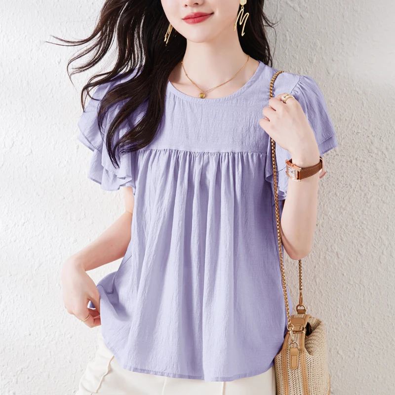 Casual Short Sleeve Chiffon Shirt for Women 2023 New Summer Ruffles Sleeve Korean Fashion Loose Tops Solid White Clothing 27151