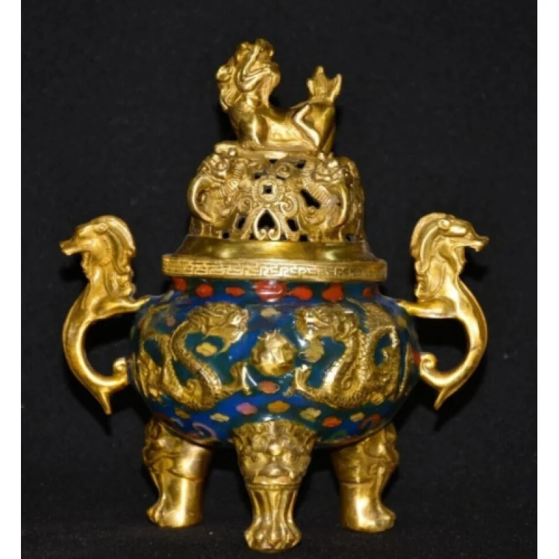 

Exquisite Copper Cloisonne Enamel Dragon Statue Gold-Plated Three-Leg Incense Burner