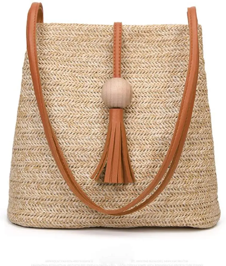 

Summer Straw Tassel Bucket Totes Handbag Travel Beach Bag Women's Casual Shoulder Bags Soft Leather Crossbody Bag