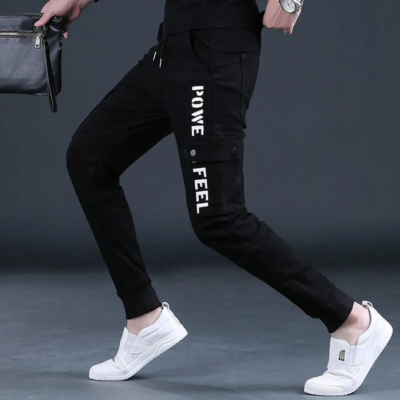Autumn Men Jean Cargo Pants Fashion Letter Printed Streetwear Casual Black Elastic Waist Drawstring Denim Trousers