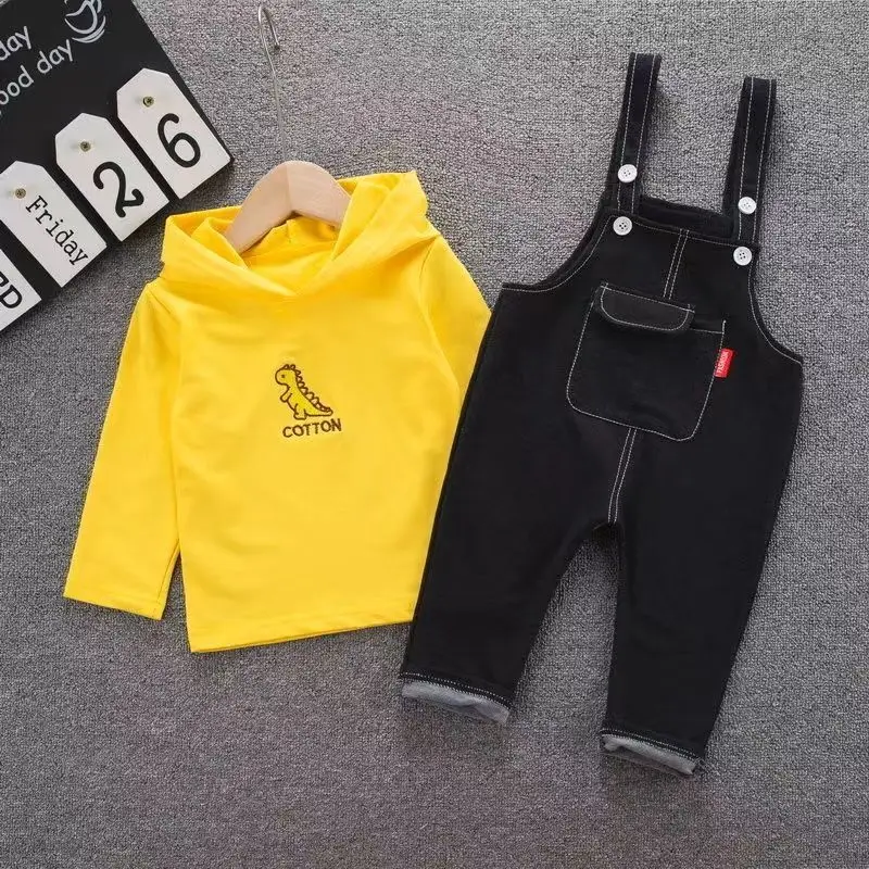

Baby Boy Hooded Shirt Suit Baby Boy Autumn Outfits New Dinosaur Print Baby Long Sleeve Clothes Set Infant Denim Overalls Suit