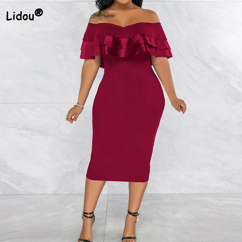 Купи Spring Summer Evening Party Sexy One Word Collar Ruffles Short Sleeve Solid Color Mid Waist Slim Bag Hip Midi Dress for Women за 1,278 рублей в магазине AliExpress