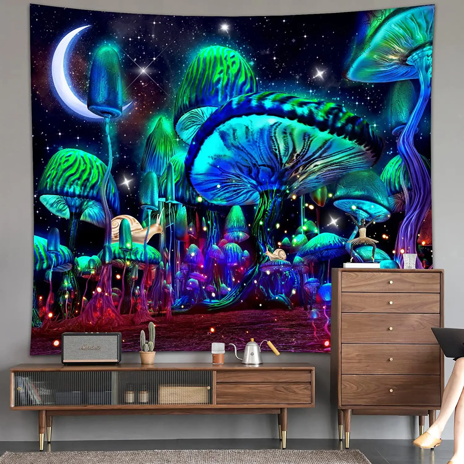 

Blacklight Tapestry UV Reactive Mushroom Trippy Tapestrie Fantasy Plant Starry Night Tapestri Wall Hanging Poster for Room Decor