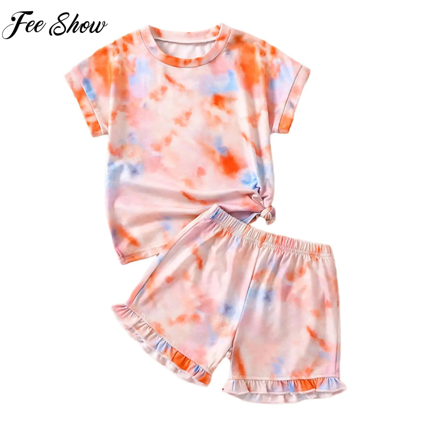 

Orange Kids Girls Tie Dye Print Two Piece Sportsuit Round Neck Short Sleeve Casual T-shirt Shorts Set Sport Outfit