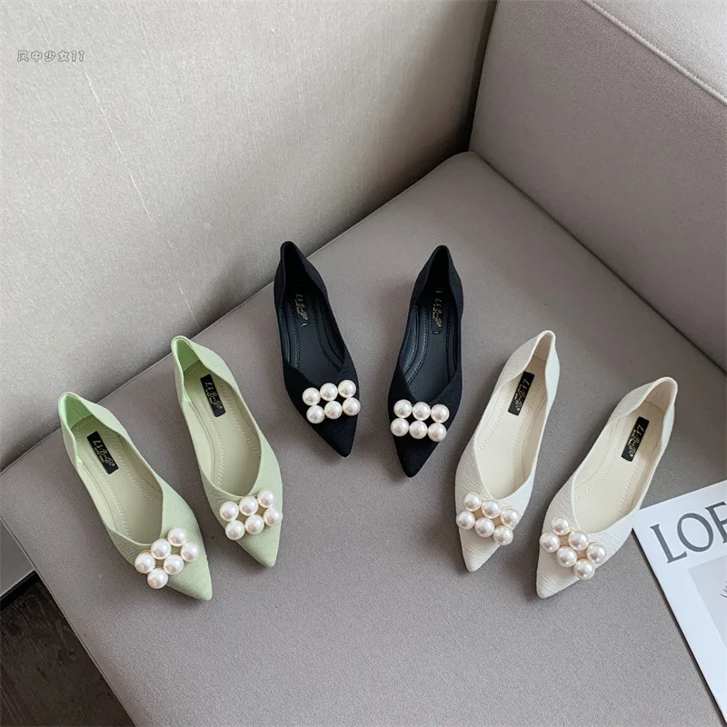 

Pearl Decorateion Shallow Mouth Shoes Woman 2022 Modis Female Footwear Pointed Toe Casual Sneaker Low Heels Beading New Cute Dre