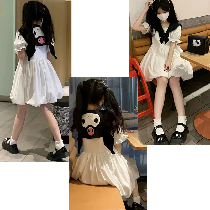 

Платье с коротким рукавом Sanrio Kuromi, милая летняя юбка в стиле "Лолита", юбка-пачка принцессы, белое темно-синее платье с воротником и темно-синим вырезом, одежда в подарок