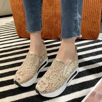 gold sneakers platform wedge womens shoes summer new sports shoes comfortable breathable mesh light embroidered vulcanize shoes