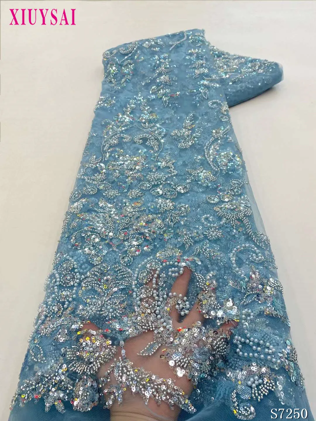 

Высококачественная Роскошная Тяжелая кружевная ткань ручной работы, фатиновая кружевная ткань для свадебного платья, 5 ярдов