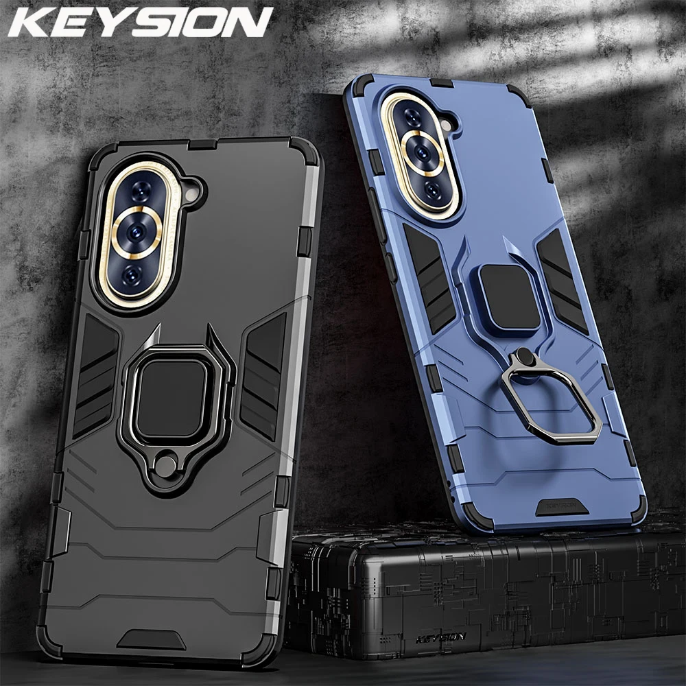 KEYSION Shockproof Armor Case for Huawei Nova 10 Pro 10 SE 9 Silicone+PC Metal Ring Stand Phon Cover for Huawei Nova Y61 Y70 Y90