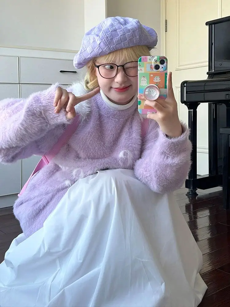 ight женский фиолетовый вязаный свитер из мохера с круглым вырезом и вышивкой букв