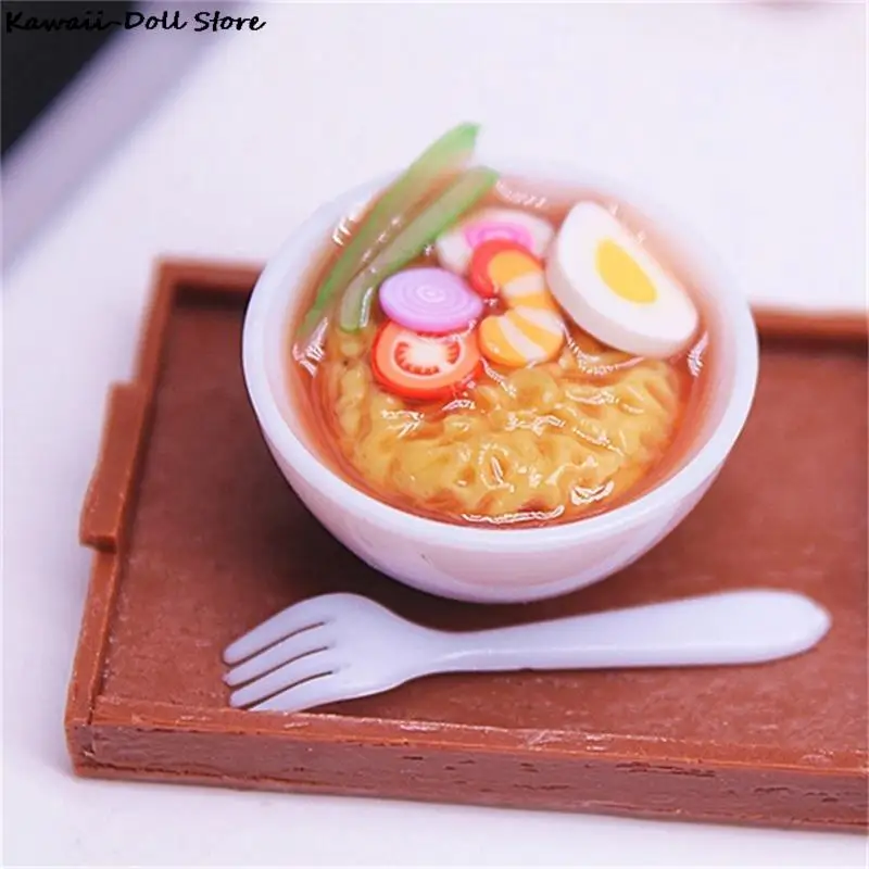 

1Set 1:12 Dollhouse Miniature Egg Noodle Instant Noodle Bowl With Tray Fork Tableware Kitchen Model DIY Dolls Living Scene Decor