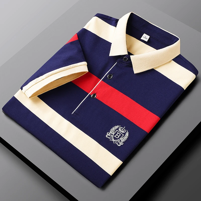 

Summer Short Sleeve Polo Shirts Men T-Shirt 2023 Cotton Striped Embroidered Business Casual Men''s Clothing Male Tees