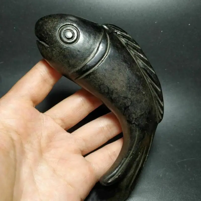 Antique Hongshan Culture Natural Black Iron Meteorite Carp Fish Statue Mascot Collection Decoration Home Gift Figurines