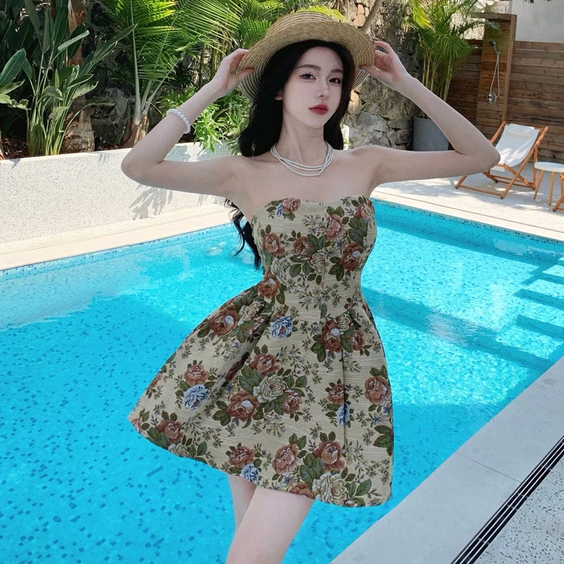 

Женское жаккардовое платье в стиле ретро, модное и универсальное тонкое платье с бюстгальтером, 2023