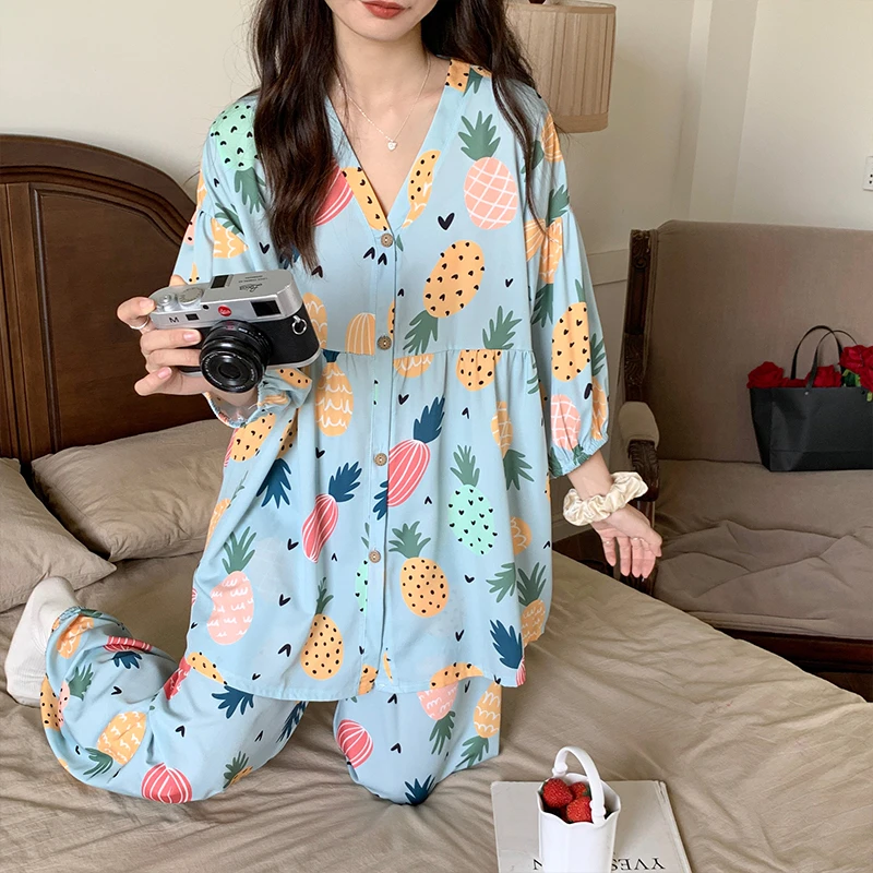 CAIYIER 2022 Women Cotton Gauze Pajamas Set Korean V-Neck Long Sleepwear Autumn Winter Soft Nightwear Sweet Kawaii Loungewear