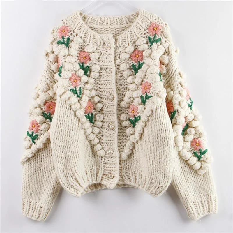 

Women's Knitted Sweaters And Cardigans, Handmade, With Floral Embroidery And Pearls, New 2022 Winter Collection