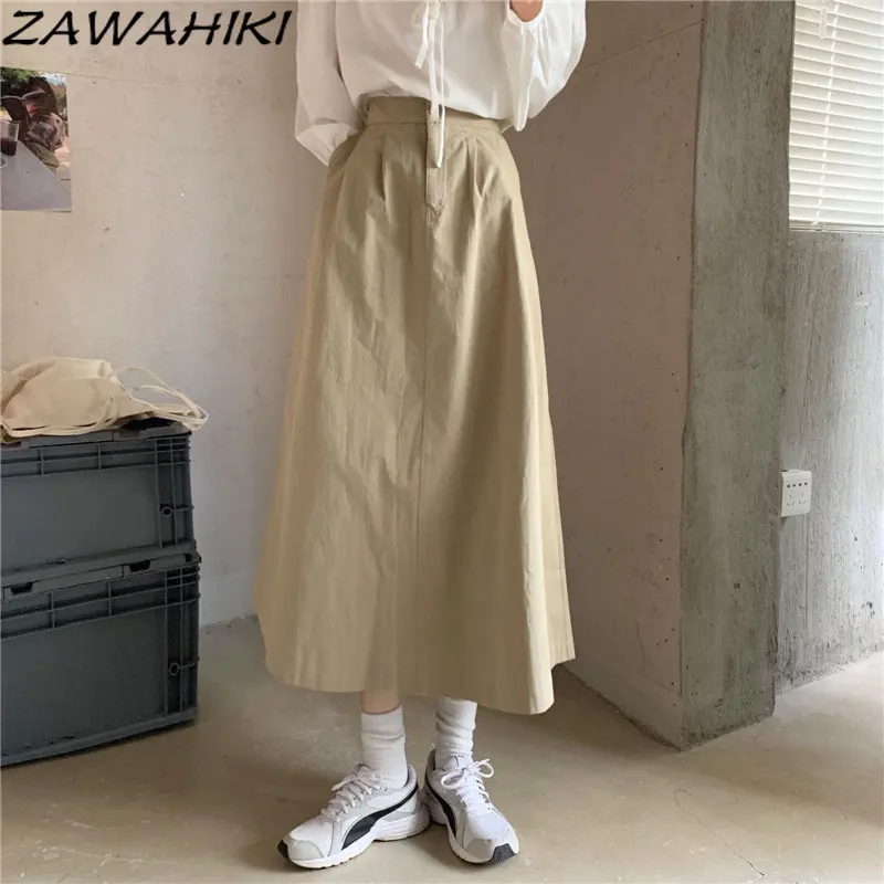 

Женская винтажная длинная юбка, однотонная Повседневная Свободная юбка цвета хаки а-силуэта в японском стиле, подходящая ко всему, в стиле Х...