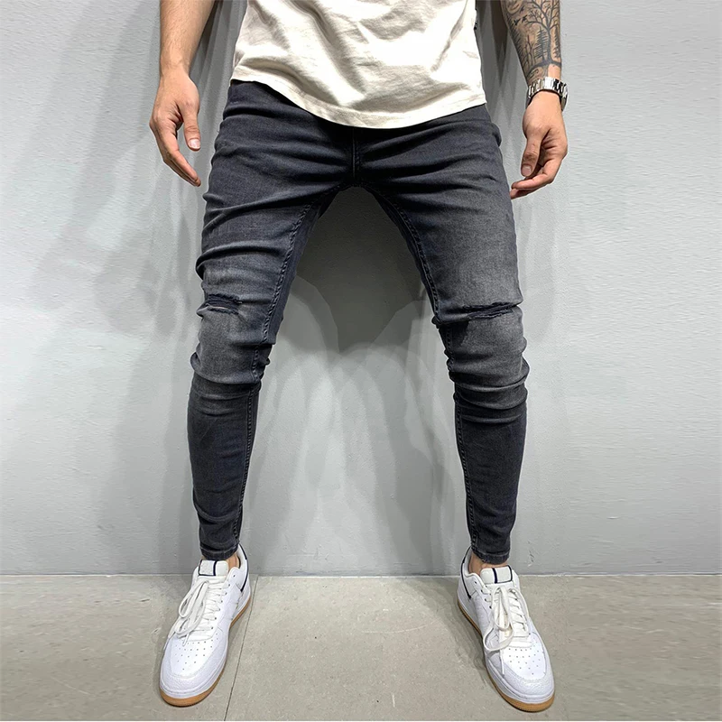 New Men's Jeans Slim Fit Stretch Jeans Men's European and American Denim Casual Sports Pencil Pants Fashion Ripped Pants джинсы