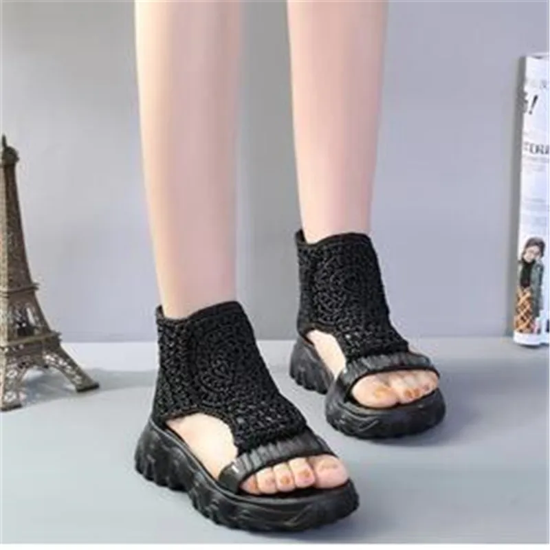 Sandals Women Braided Geometric Wedge Sandals Knitted Elastic Summer Shoes Mesh Flat Sandals Hollow Female Platform Shoes