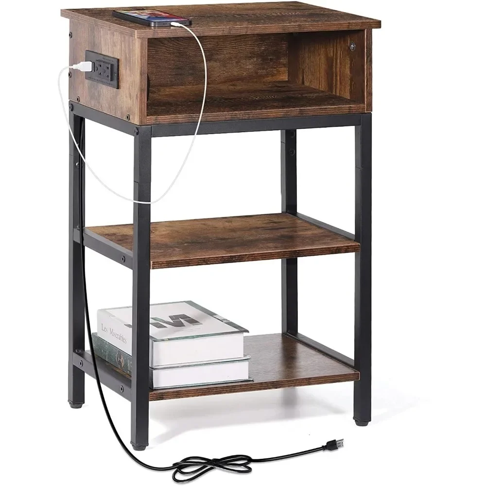 

24.8" End Table 3 Layers with Charging Station, Rustic Burnt Wood