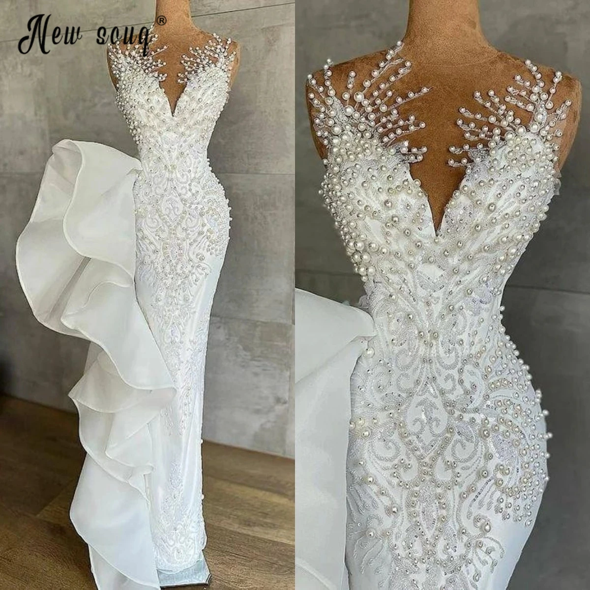 

Arabic Pearls V Neck Luxury Long Mermaid Prom Party Dress Women 2022 Beaded Lace Appliqued Formal White Evening Gowns with Train