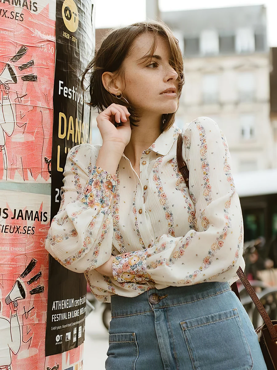 

Fleur De Los Print Shirts Women Gathers Long Sleeve Tightens Cuffs Straight Fluid Blouses Autumn blouse femme nouveauté 2022