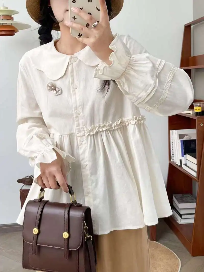 Одежда Mori kei японские однотонные рубашки и блузки с длинными рукавами-фонариками