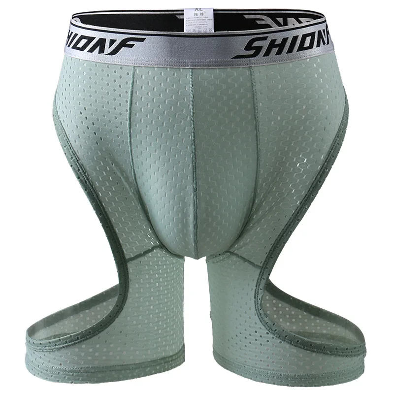 Sexy Underwear Men Boxers Shorts Mesh Ice Silk Panties For Man Solid Hollow U Convex Pouch Long Leg Underpants Cueca Masculina