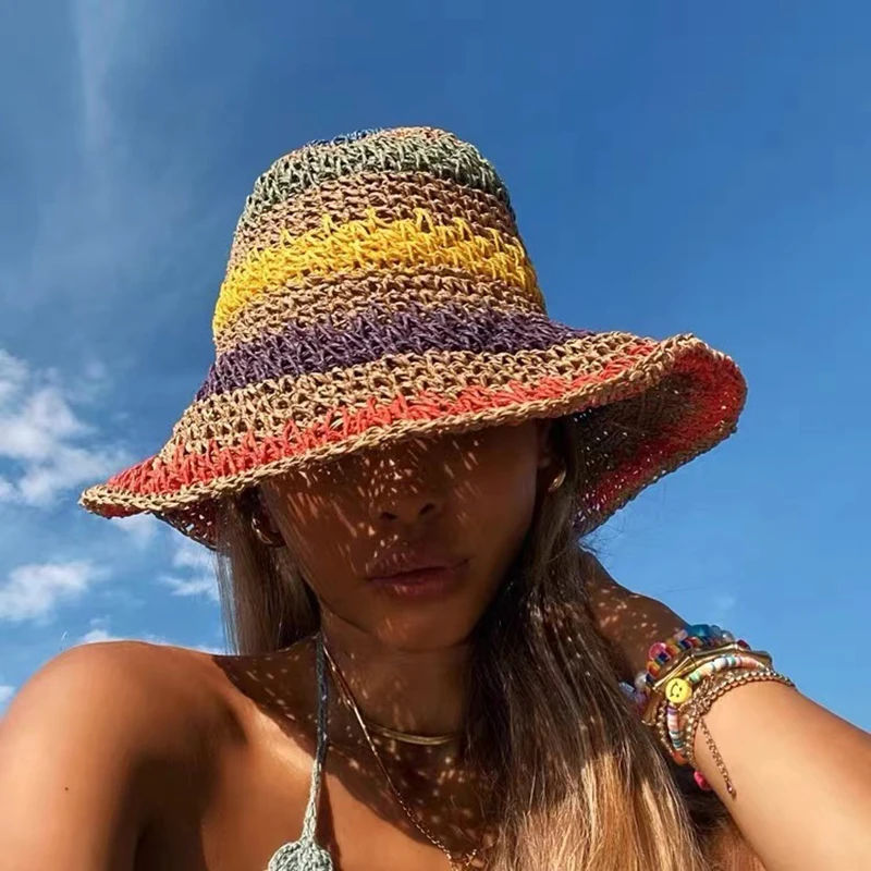 

100%Raffia Rainbow Girl Sun Hat Wide Brim Floppy Summer Hats For Women Panama Beach Straw Dome Bucket Hat Femme Shade Hat