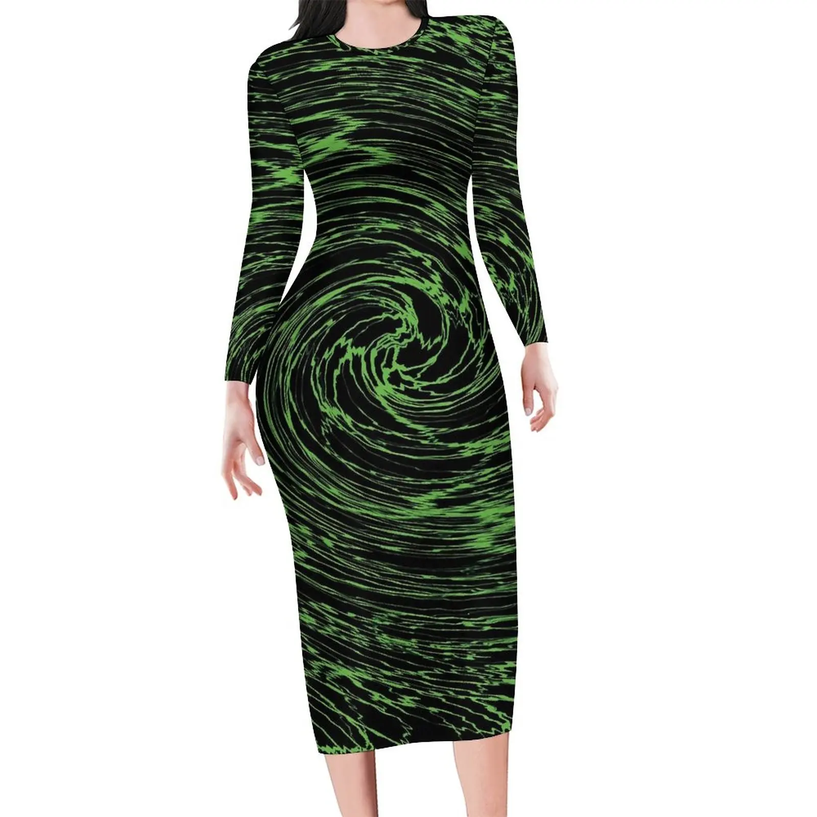 

Shallow Water Bodycon Dress Ladies Green Vortex Print Pretty Dresses Holiday Long Sleeve Fashion Graphic Dress Big Size 4XL 5XL