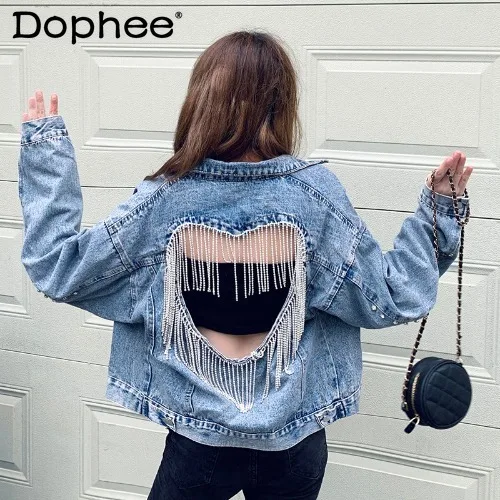 

High-Grade Exquisite Rhinestone Tassel Chain Sexy Hollow-out Love Denim Coat Jacket Tops Outerwear Spring and Autumn New Clothes