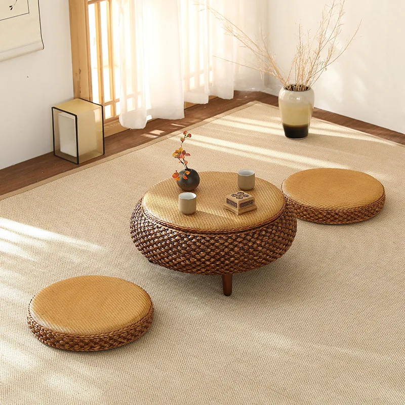 

Retro Household Rattan Coffee Table Japanese Style Simple Cushion Futon Solid Wood Window Sill Low Table Side Table 2023