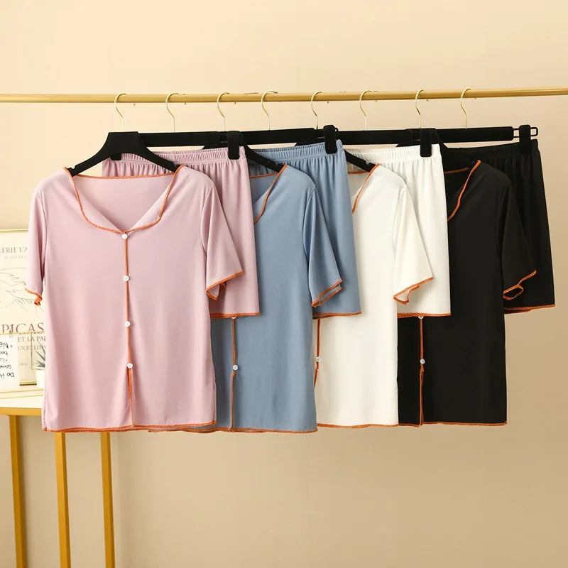 

Summer Short Sleeve Shorts Women's Pajamas Thin Single Breasted Sleep Top Loose Simple Two Piece Set V-Neck Sleepwear 2 Pieces