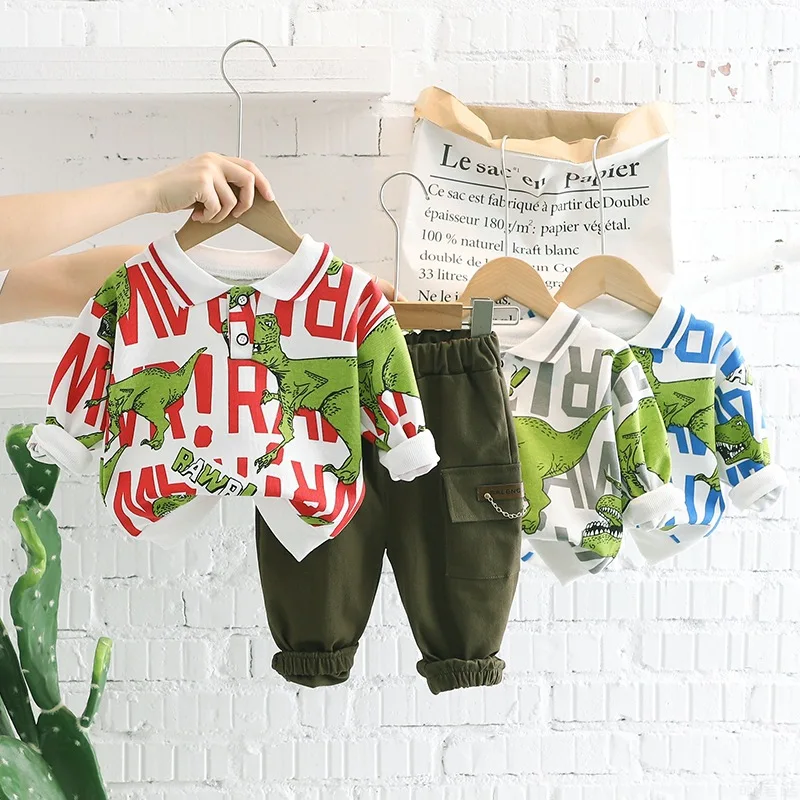

2022 Early Autumn Kids Suits Cartoon Dinosaur Pattern Baby Boy Clothes Polo + Casual Overalls with Chain Pants for Boy FY07031