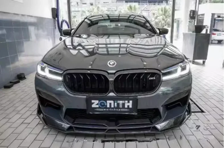 Фото Для BMW M5 F90 2018-2022 передний бампер из углеродного волокна, задний диффузор, боковая юбка, спойлер, выхлопная крышка, комплект кузова №3